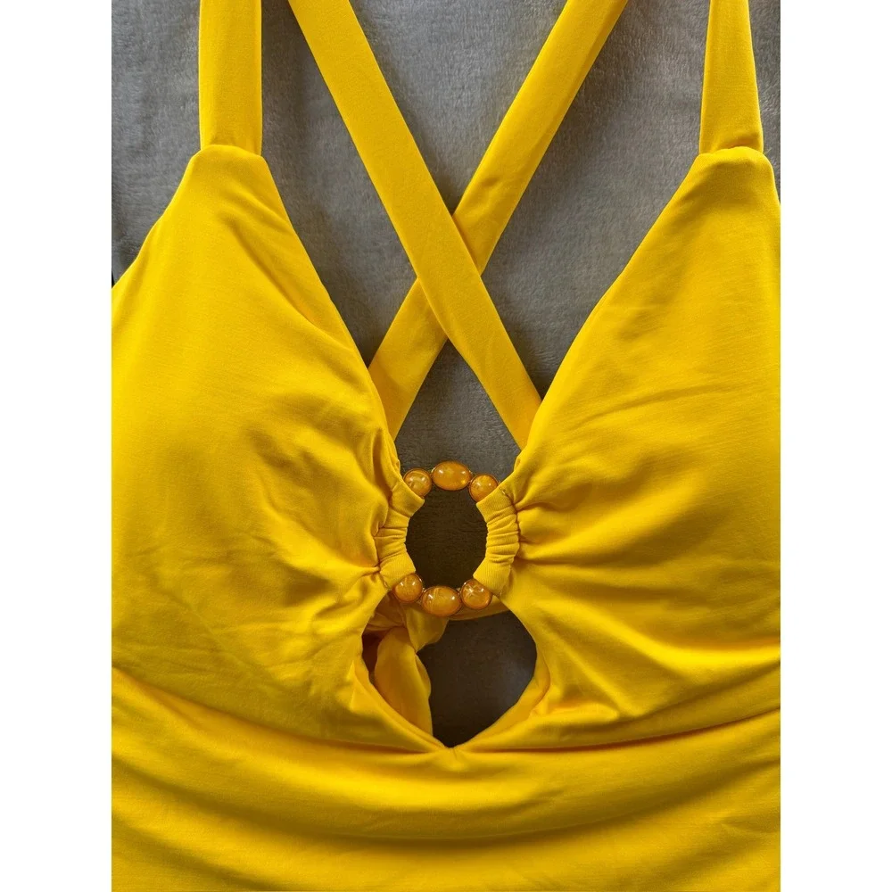 Becca Yellow Beaded Ring One Piece Swimsuit Plunge V-Neck Cross Back Cutout  L